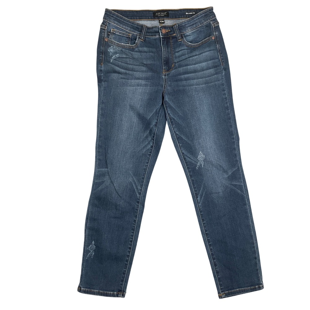 Judy Blue Jeans Women 7/28 Blue Whisker JB82251DK Relaxed Fit Distressed Stretch